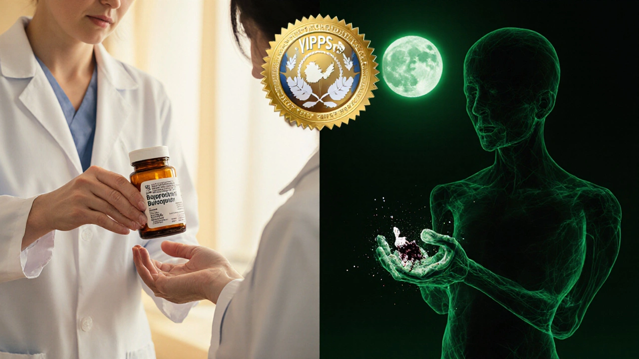 Split scene: a pharmacist hands a safe pill bottle under warm light, while the same person suffers seizures from a counterfeit pill under green moonlight.