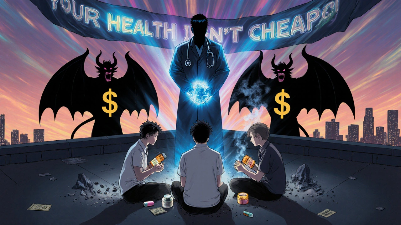 Three patients on a rooftop hold different pill bottles as a glowing doctor silhouette dispels shadowy money demons in a stormy sky.