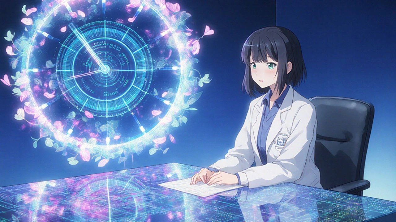A doctor and patient reviewing holographic health data, with a melting clock turning into petals, symbolizing natural timing in menopause care.