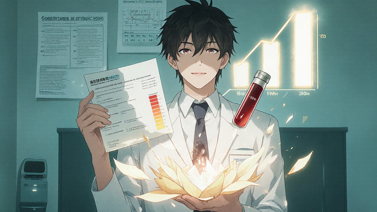 A man holding a blood test report as his testosterone levels rise, replacing his old gel with a new one.