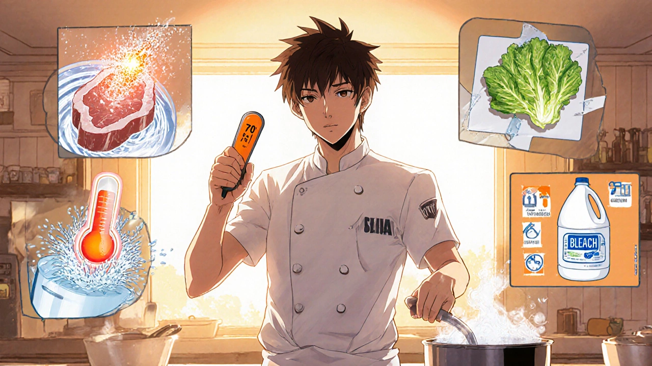 Anime chef demonstrating safe cooking, boiling water, and cleaning practices.