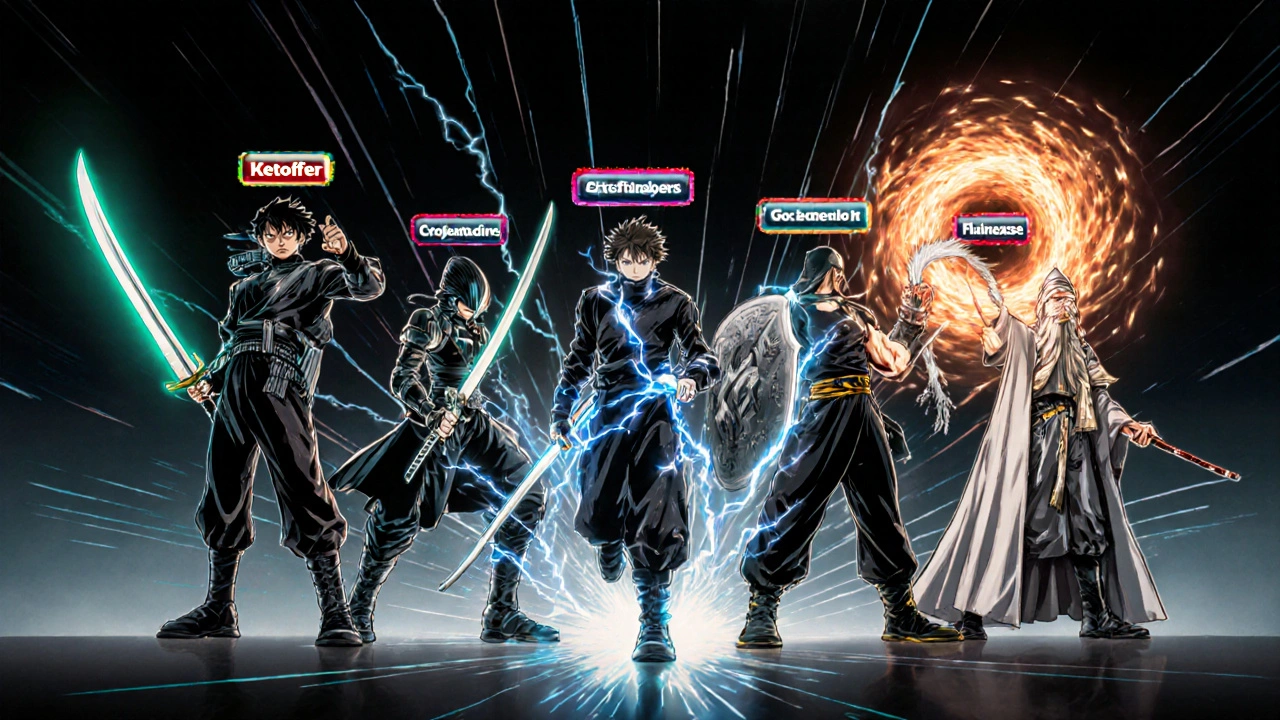 Anthropomorphic drug characters representing ketotifen and other allergy meds in a lineup.