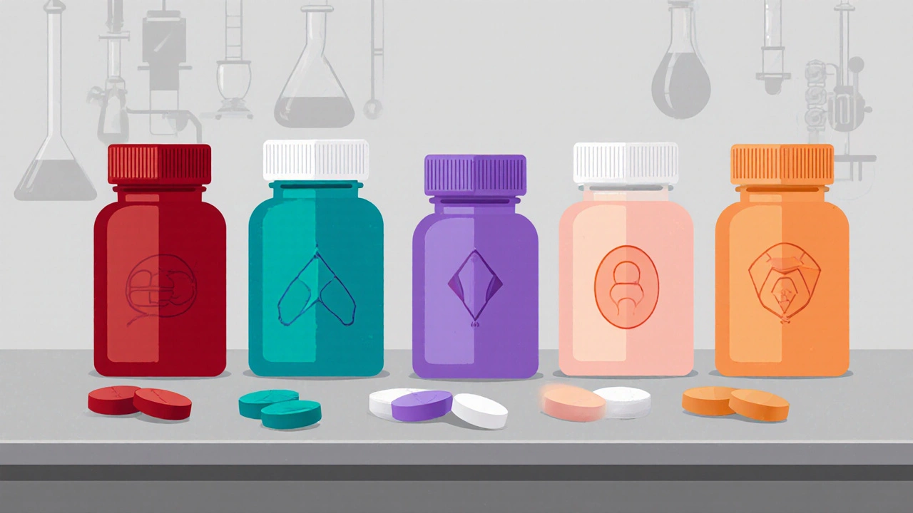 Array of different colored pills and bottles arranged on a lab table, showing variety of ED drugs.