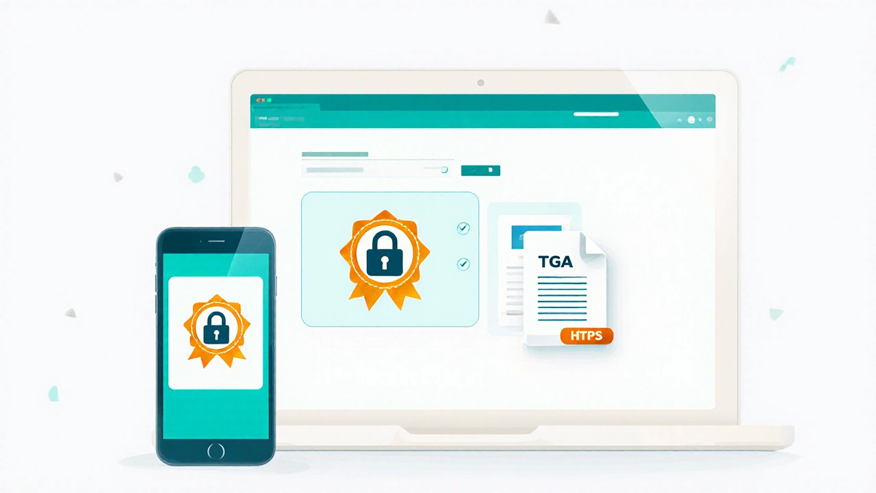Close‑up of device showing TGA badge, HTTPS lock, and prescription upload icon.