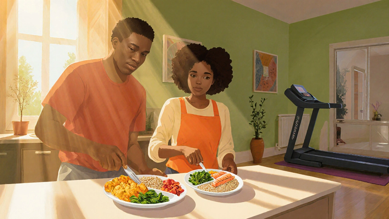 Couple preparing a balanced meal with vegetables, protein, and grains, emphasizing healthy lifestyle.
