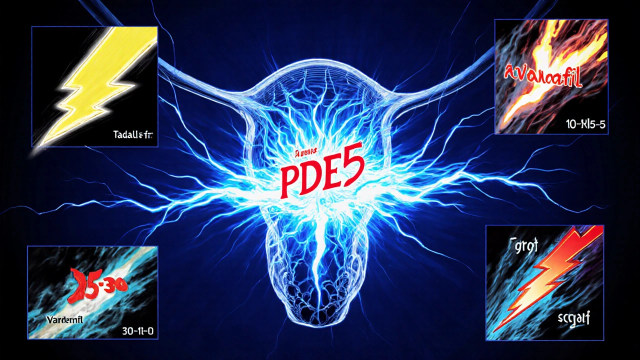 Cross‑section of penis showing blood flow, blue wave blocking PDE5 enzymes, with fast‑onset drug symbols nearby.