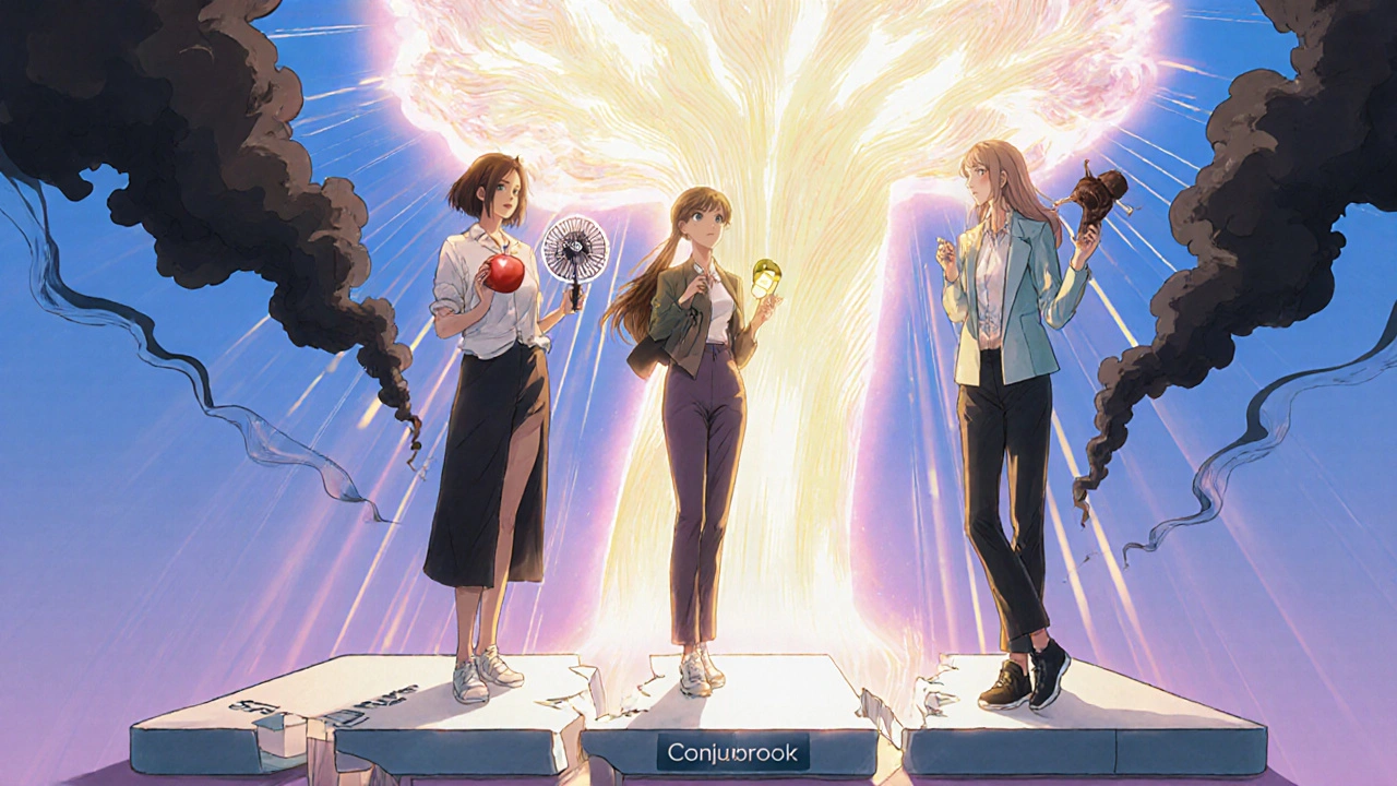 Diverse women holding symbols of alternative menopause treatments, standing atop a broken Conjubrook tablet under a tree of wellness.