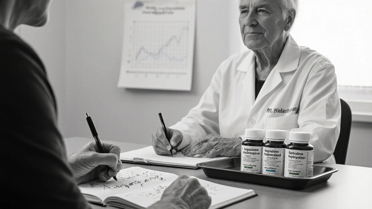 Doctor and patient discussing medication choices with pill bottles on a desk.