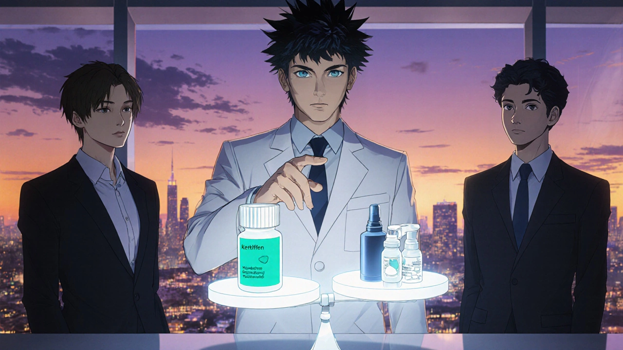 Doctor and patient viewing a floating scale weighing ketotifen against other treatments.