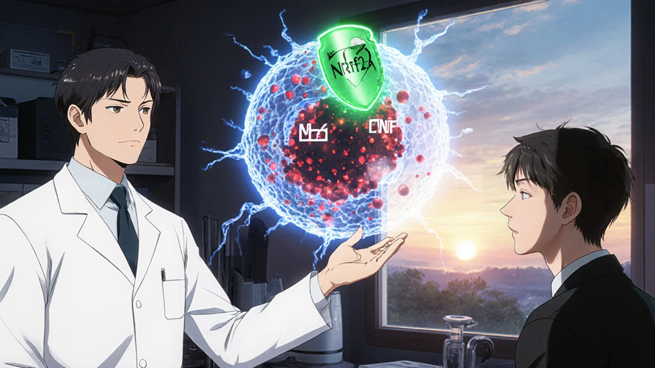 Doctor shows a holographic cell with green Nrf2 shields clearing red cytokines.