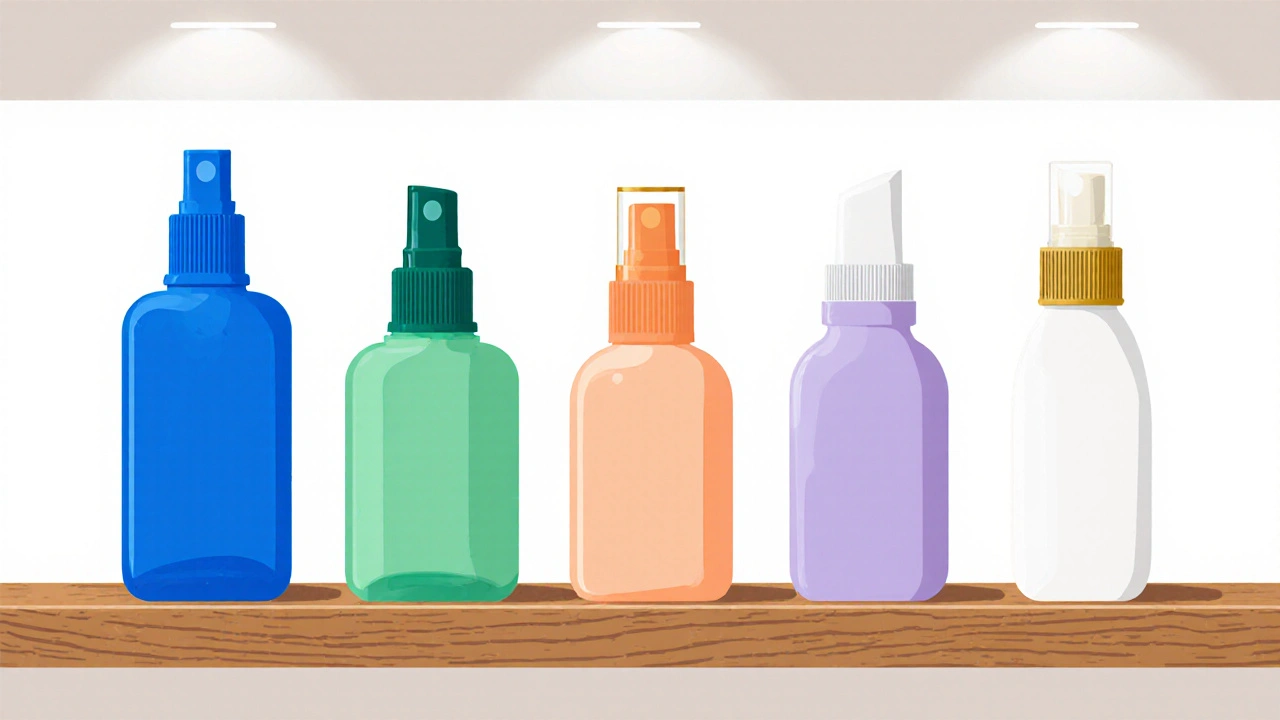 Five differently colored nasal spray bottles arranged on a pharmacy shelf for easy comparison.