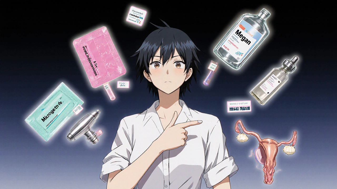 Five hormonal products displayed around a confident female character.