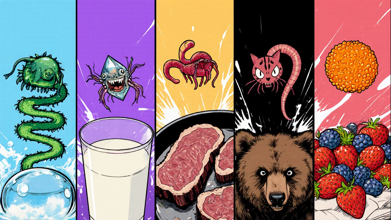 Five manga‑style parasite monsters attached to their typical food sources.