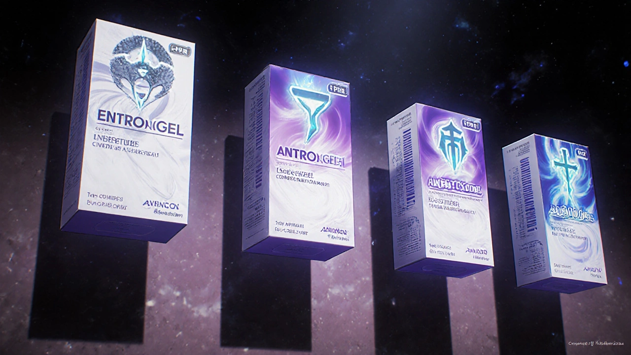 Five testosterone gel products floating in mid-air with glowing symbols representing their features.