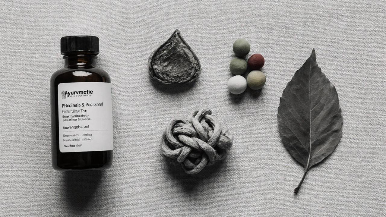 Flat lay of curcumin vial, Boswellia resin, Ashwagandha root, Triphala fruits, Neem leaf.