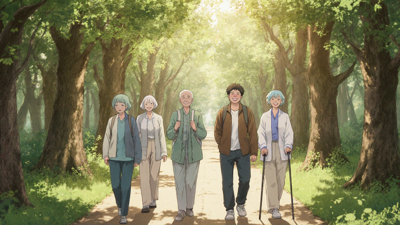 Group of patients walking together on a forest trail during therapy.
