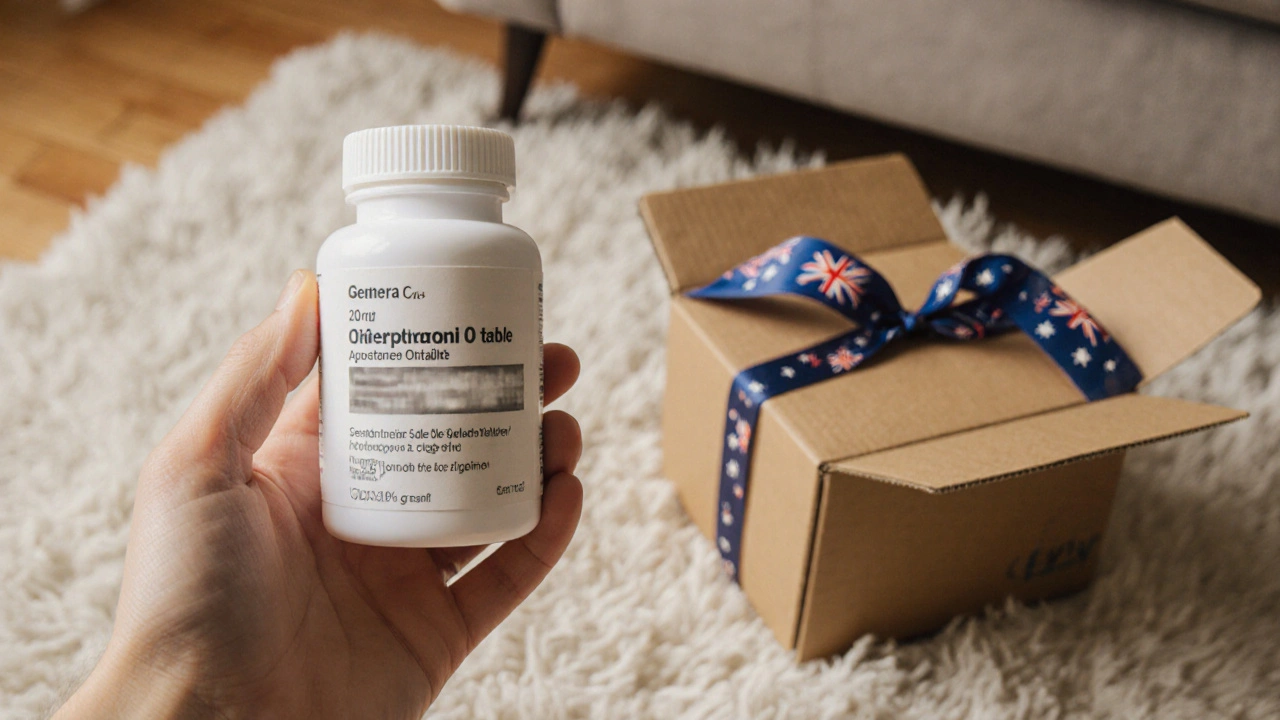 Hand inspecting a bottle of generic Prilosec tablets beside a delivered package.