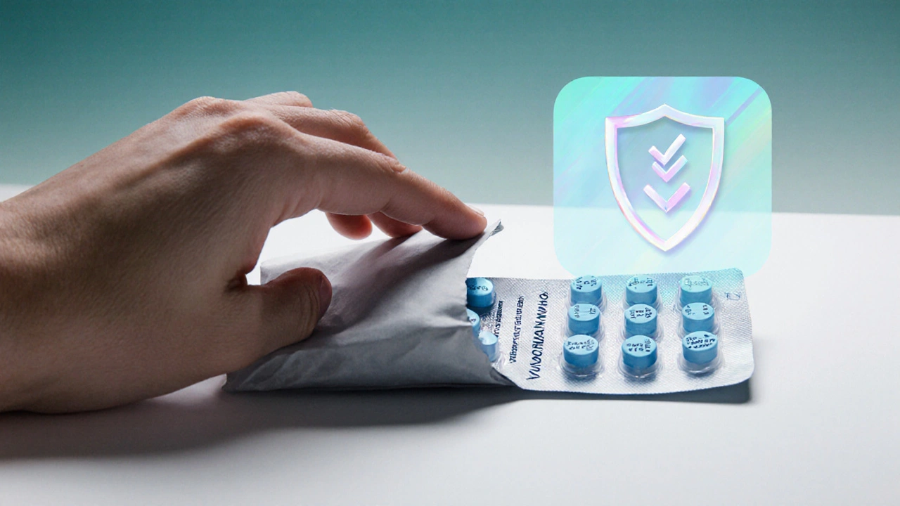 Hand opening a parcel revealing authentic sildenafil tablets with imprint, batch number, and expiry date.