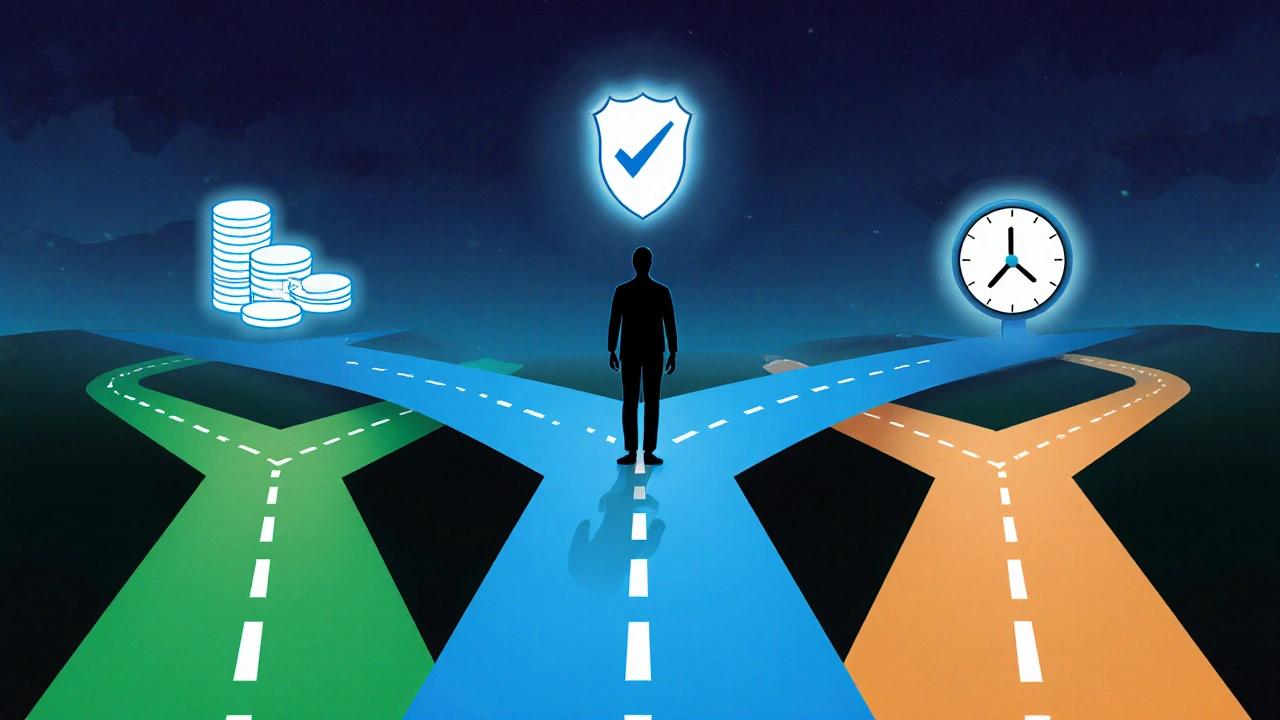 Illustrated crossroads with icons for cost, approval, and duration guiding a silhouette's choice.