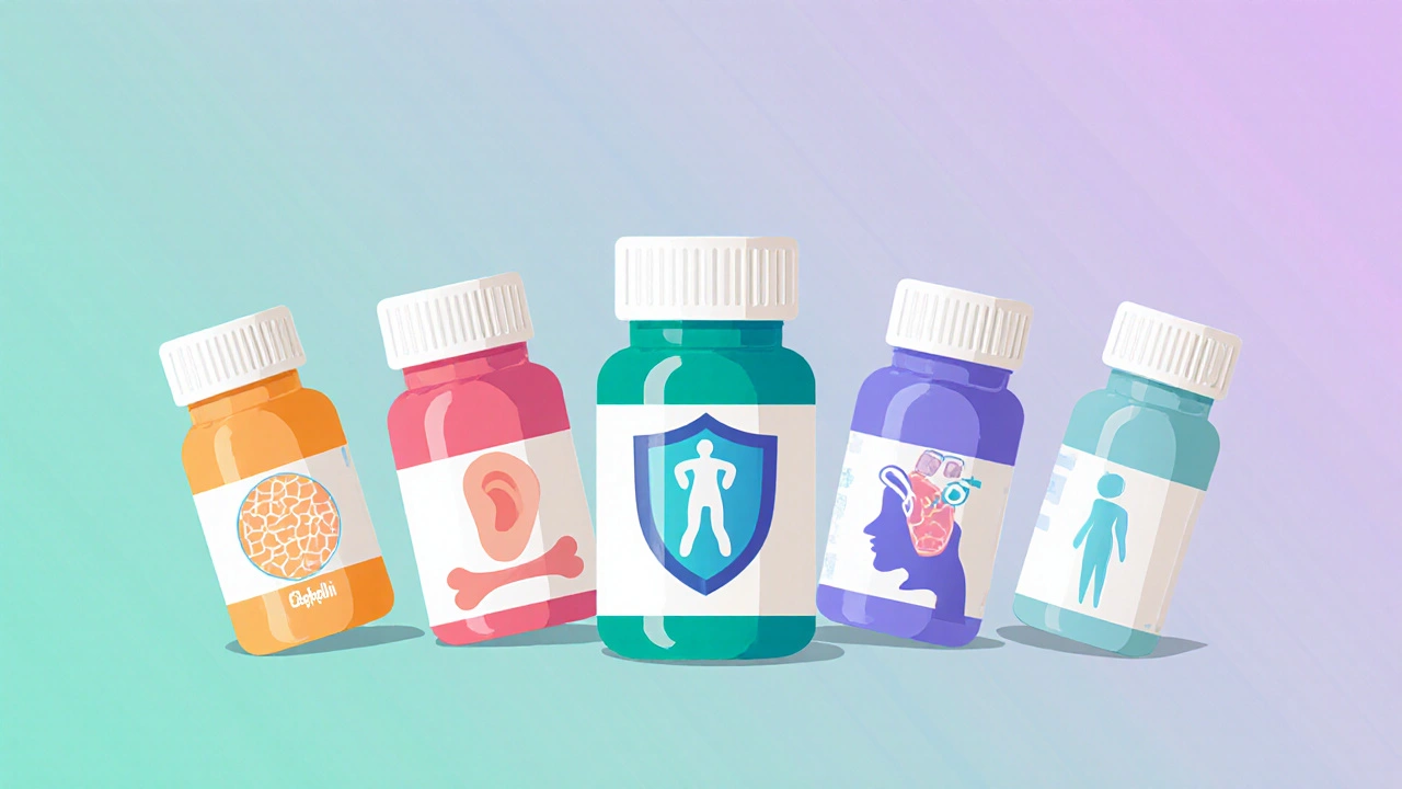 Illustration of five antibiotic bottles with icons showing their main uses.