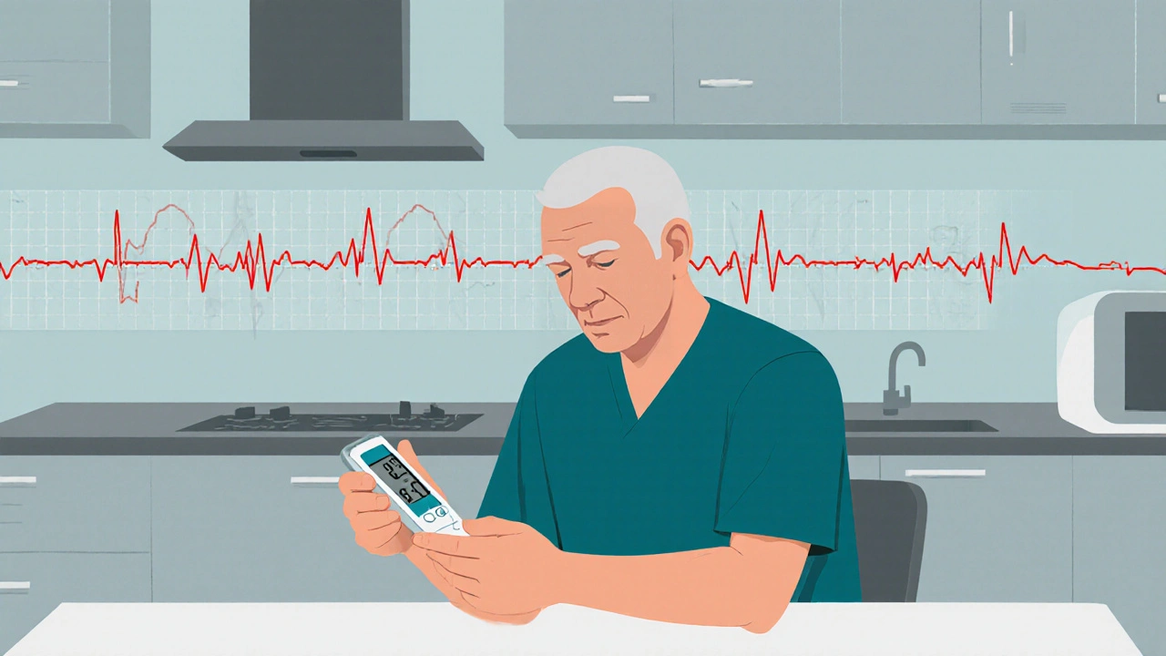 Man checking blood sugar with trembling hand, showing symptoms of hyperthyroidism and diabetes.