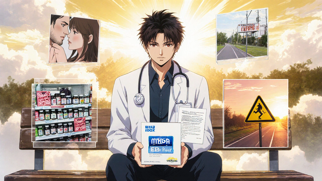 Man holding Mega ED Pack on hospital bench with symbolic memories floating around him.