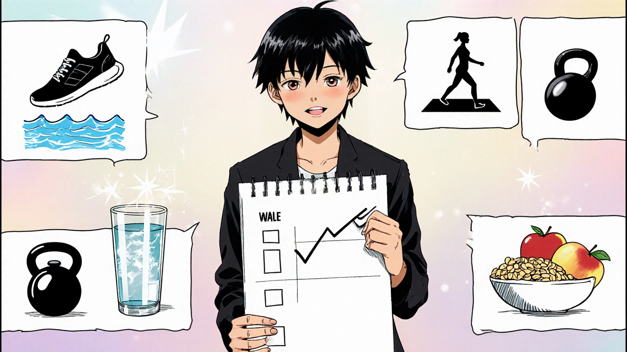 Manga‑style weekly planner with exercise icons, water bottle, and fiber foods.