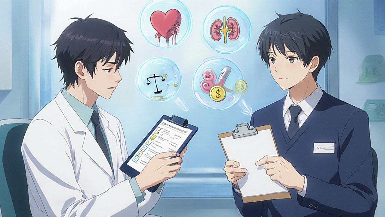 Patient and doctor discussing diabetes medication with icons for health factors.