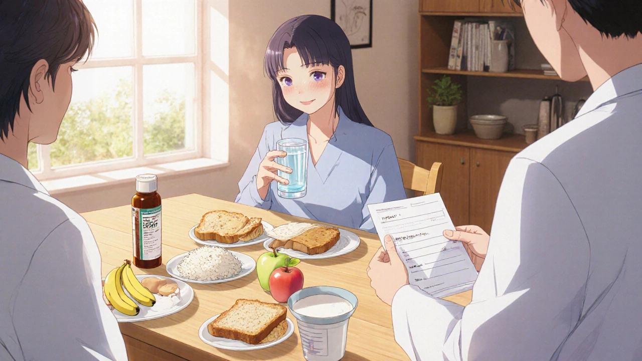 Patient at kitchen table with BRAT foods, rehydration drink, and loperamide pills.