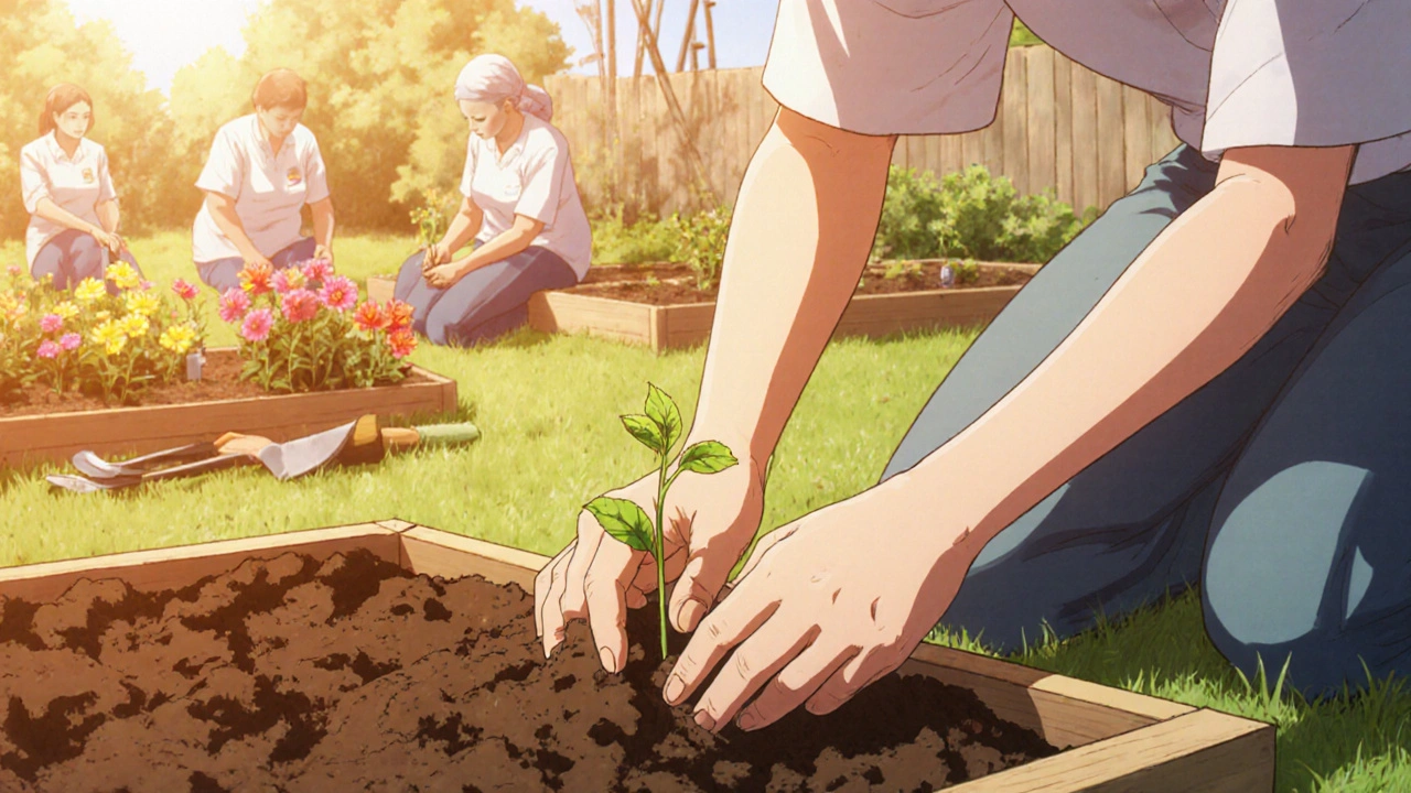 Patient planting a seedling in a community garden, smiling.