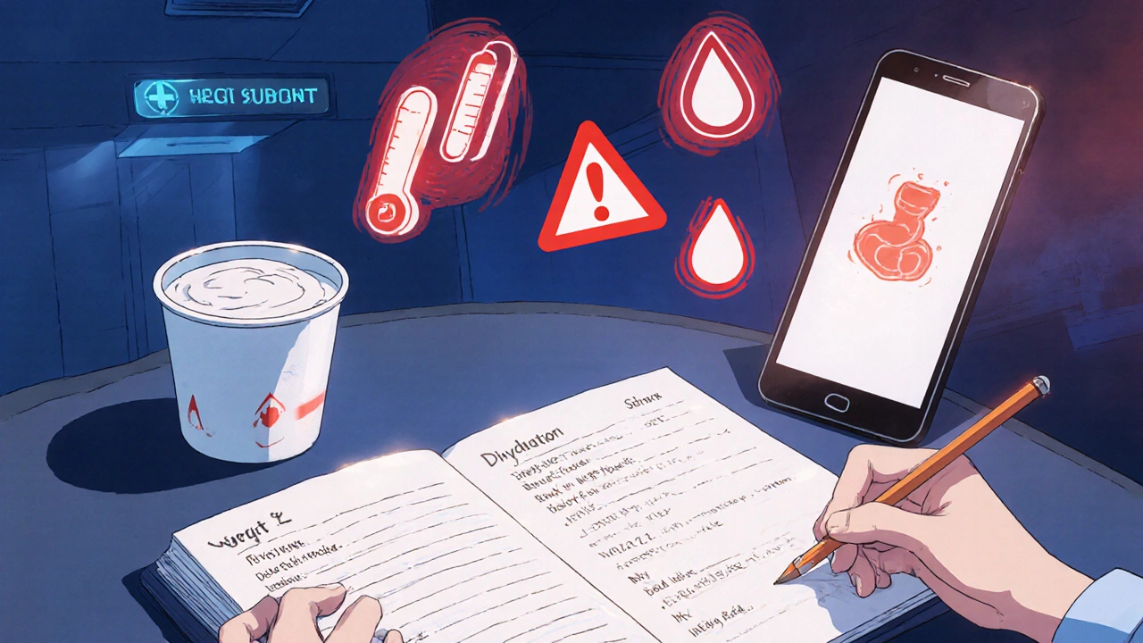 Patient tracking fluids, holding probiotic yogurt, with warning icons for fever and dehydration.