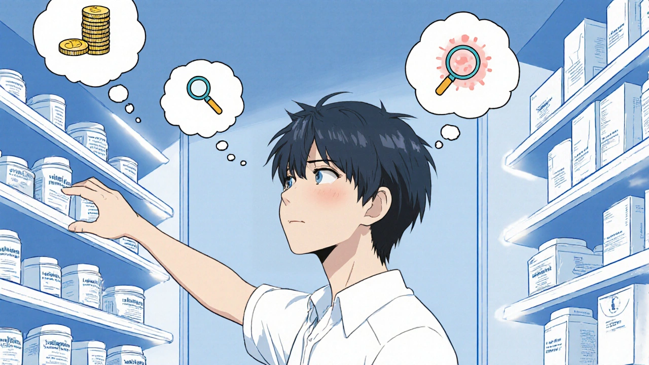 Person in pharmacy aisle considering antifungal creams, thought bubbles showing cost, effectiveness, and side‑effects.