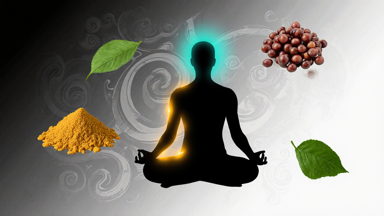Person in yoga pose surrounded by faint herbal icons, joint area highlighted.