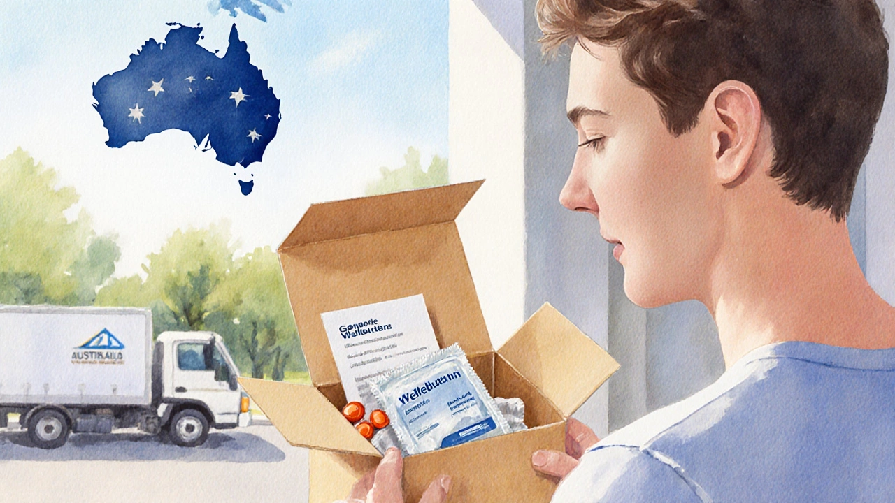 Person opening a delivery package with Wellbutrin tablets on an Australian porch.