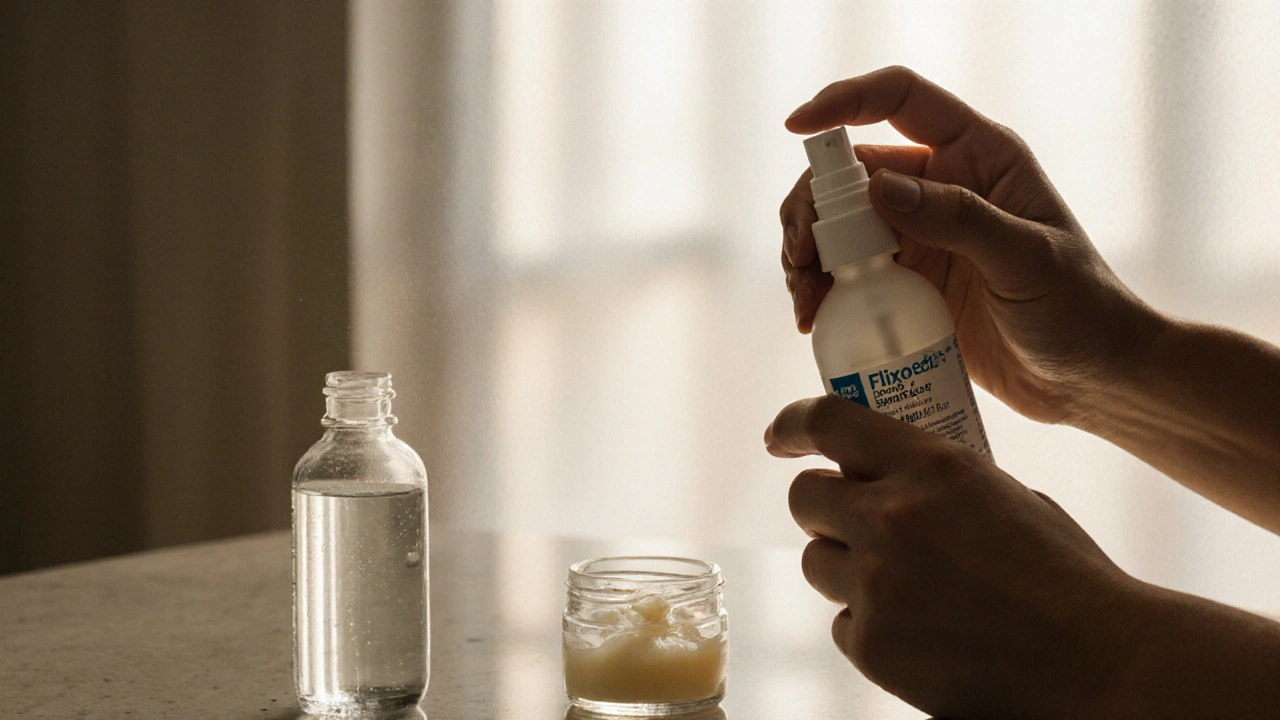 Person using a nasal spray, with saline spray and petroleum jelly nearby, showing a safe switch.