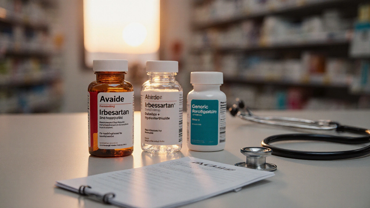 Pharmacist counter with Avalide, generic combo, and ACE inhibitor bottles in warm light.