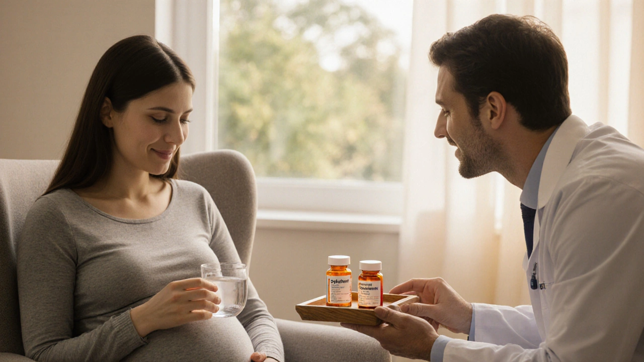 Pregnant patient and doctor discussing two antibiotic bottles in a bright room.