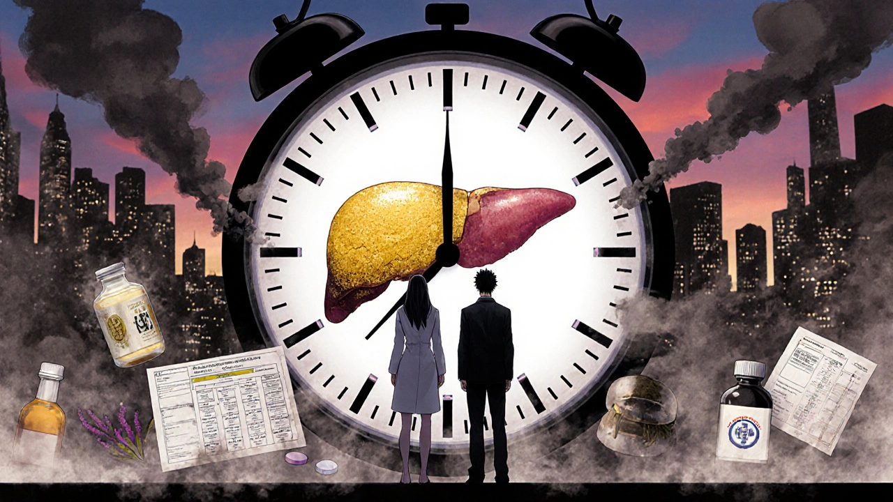 Psychiatrist and patient beside a clock, with liver transforming from healthy to damaged amid medical hazards.