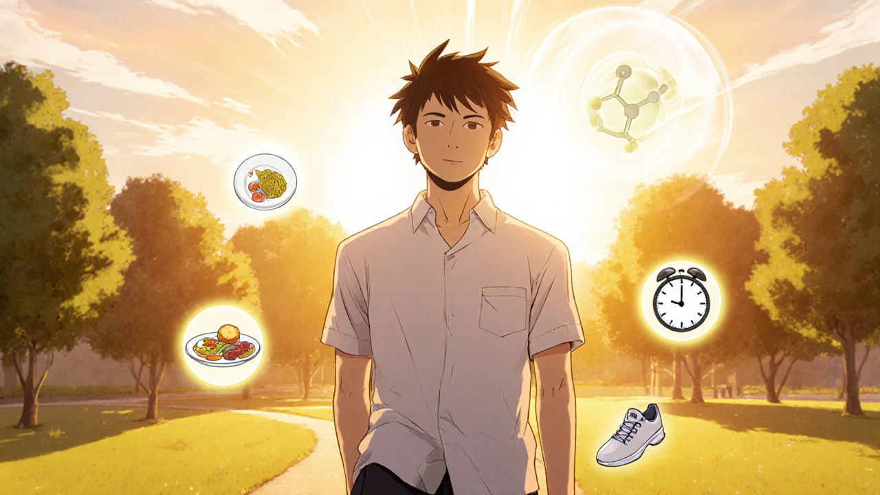 Refreshed person walking in sunrise park with subtle food, clock, and sneaker icons.