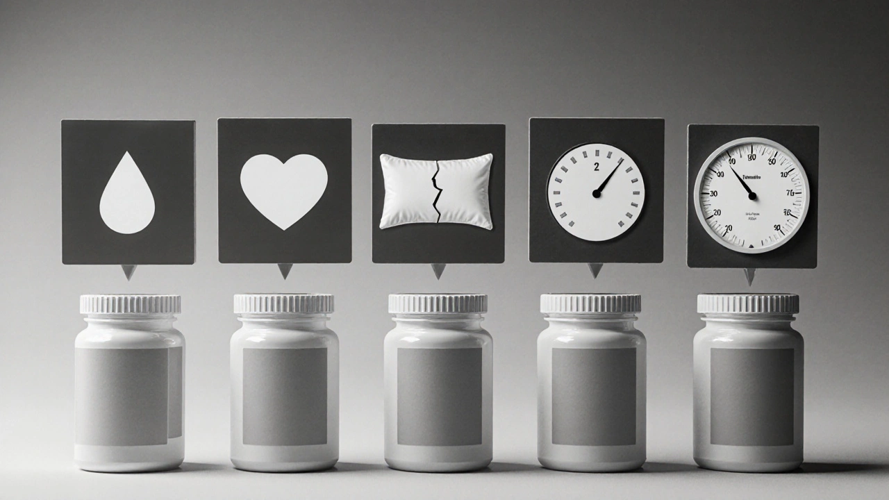 Row of six pill bottles with floating icons depicting each drug's signature side effect.