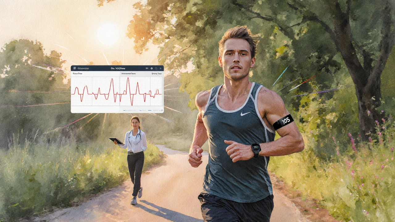 Runner wearing a heart‑rate monitor on a sunrise trail, data displayed on wrist.