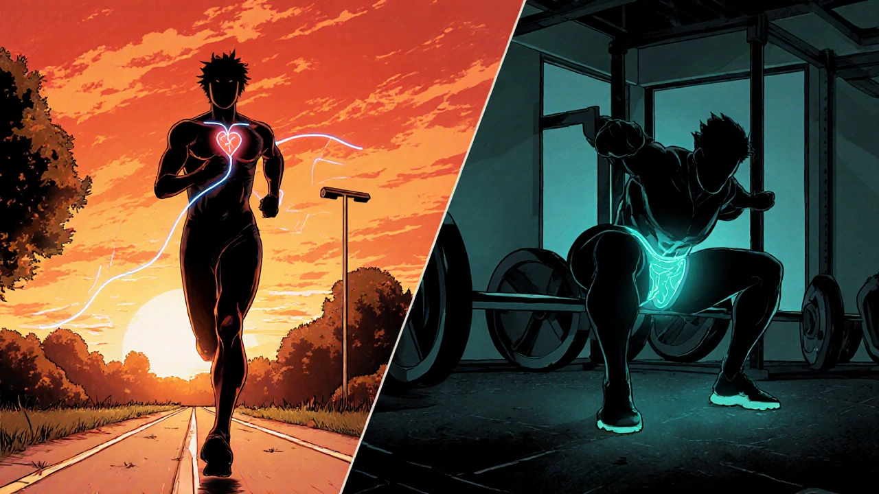 Split scene of jogging and squatting, with illuminated gut and pelvic floor highlighted.