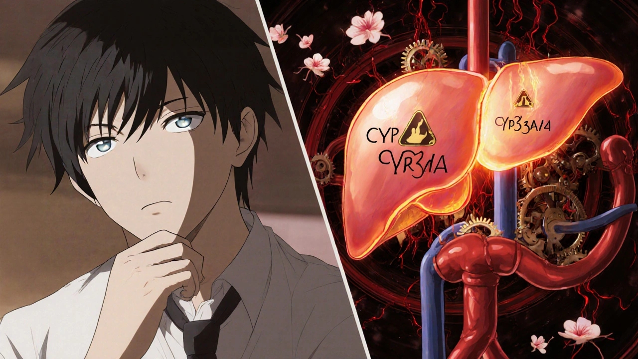 Split scene showing person taking medication while their liver is depicted as a mechanical organ under strain.