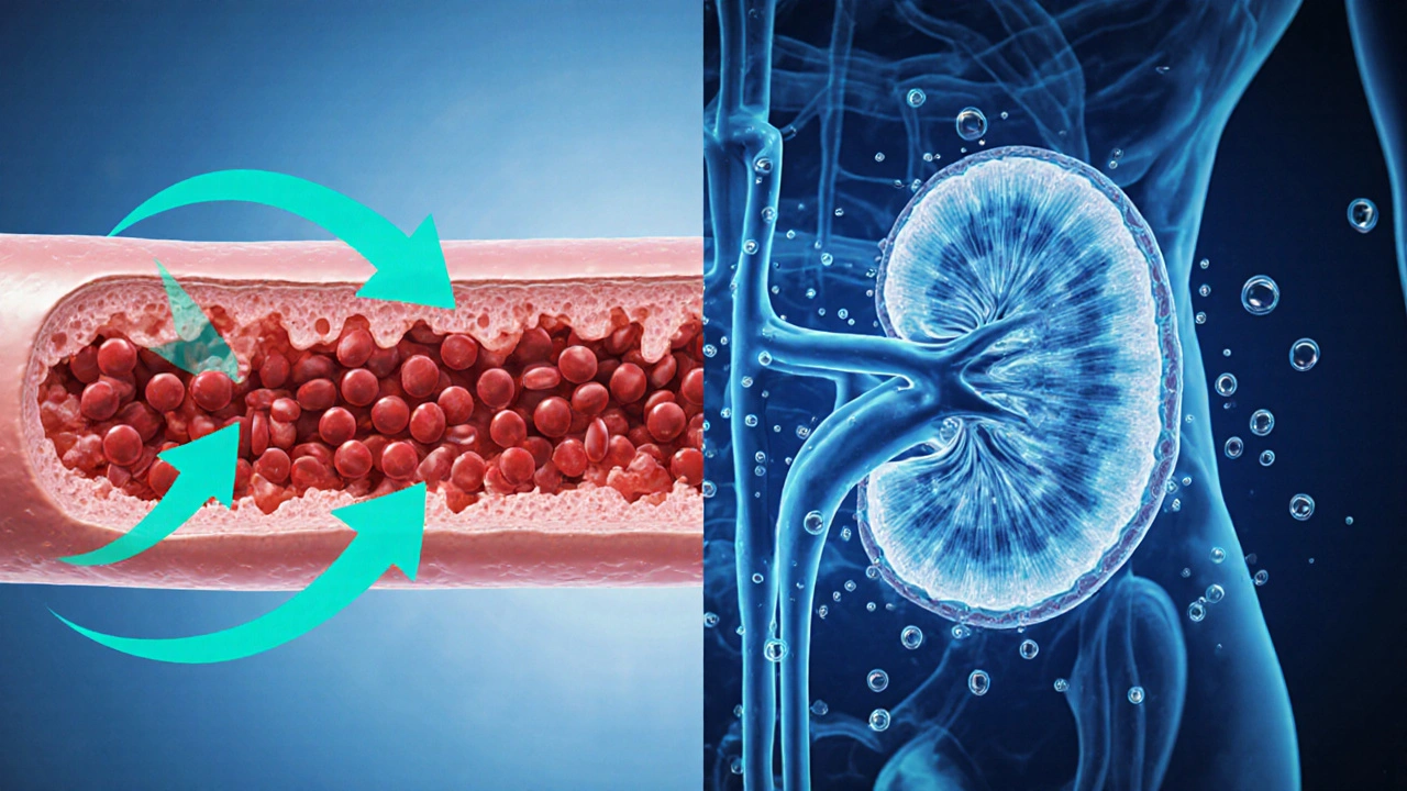 Split view of artery with ARB blocking receptors and kidney excreting fluid.