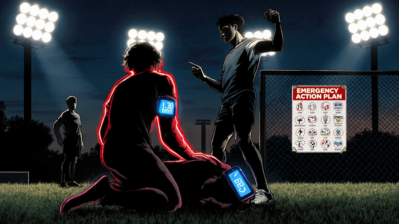 Teammates using an AED on the field with emergency plan signs visible.