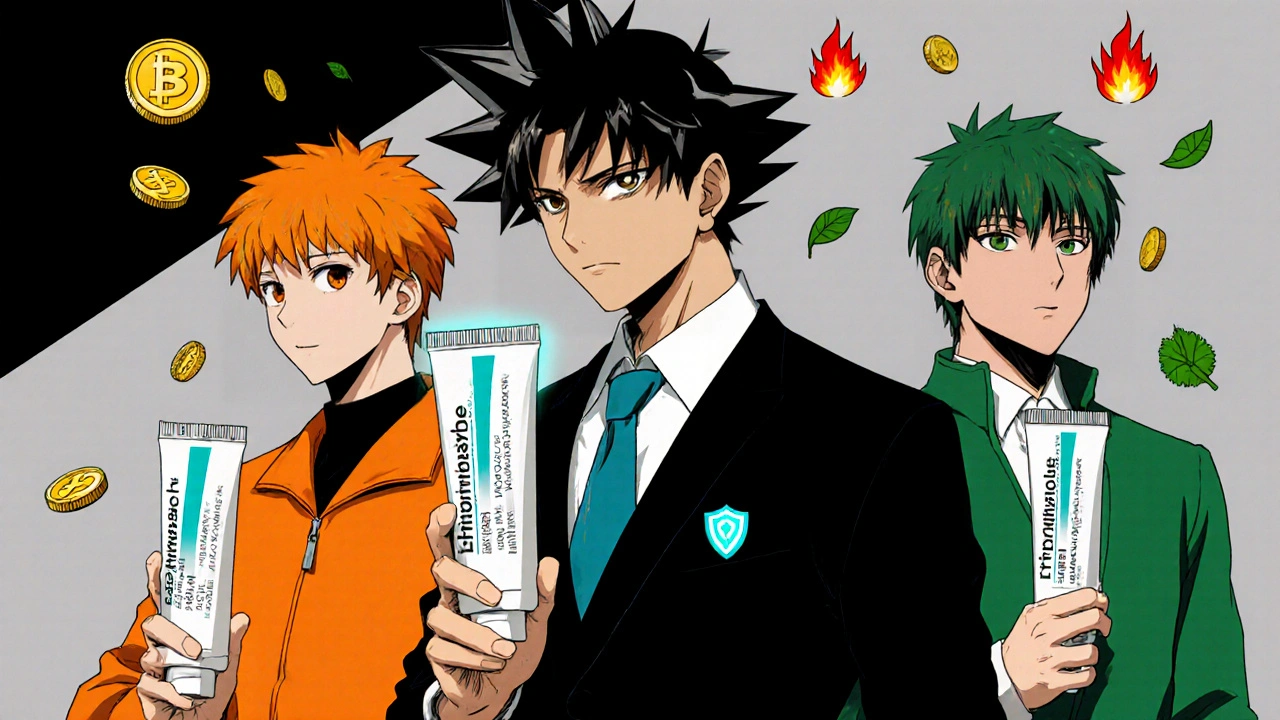 Three characters each holding different antifungal cream tubes, symbolizing Lamisil, clotrimazole, and tolnaftate.