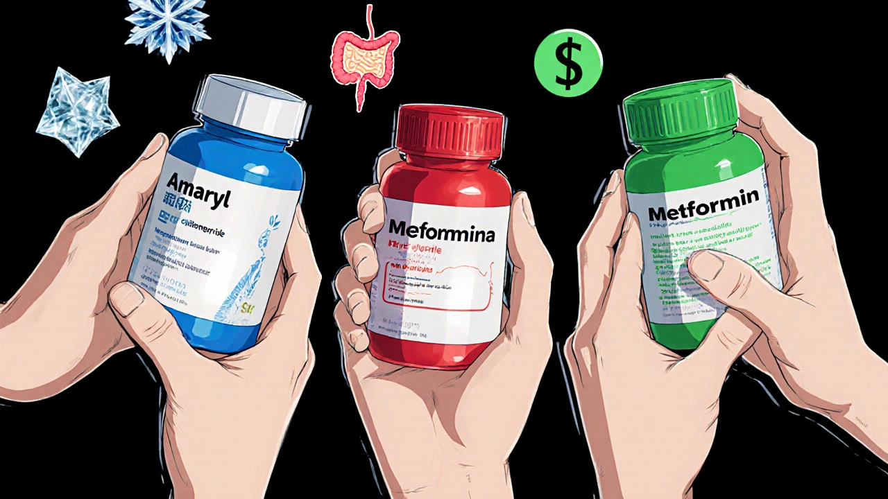 Three hands holding different diabetes pill bottles with visual cues for side effects and cost.
