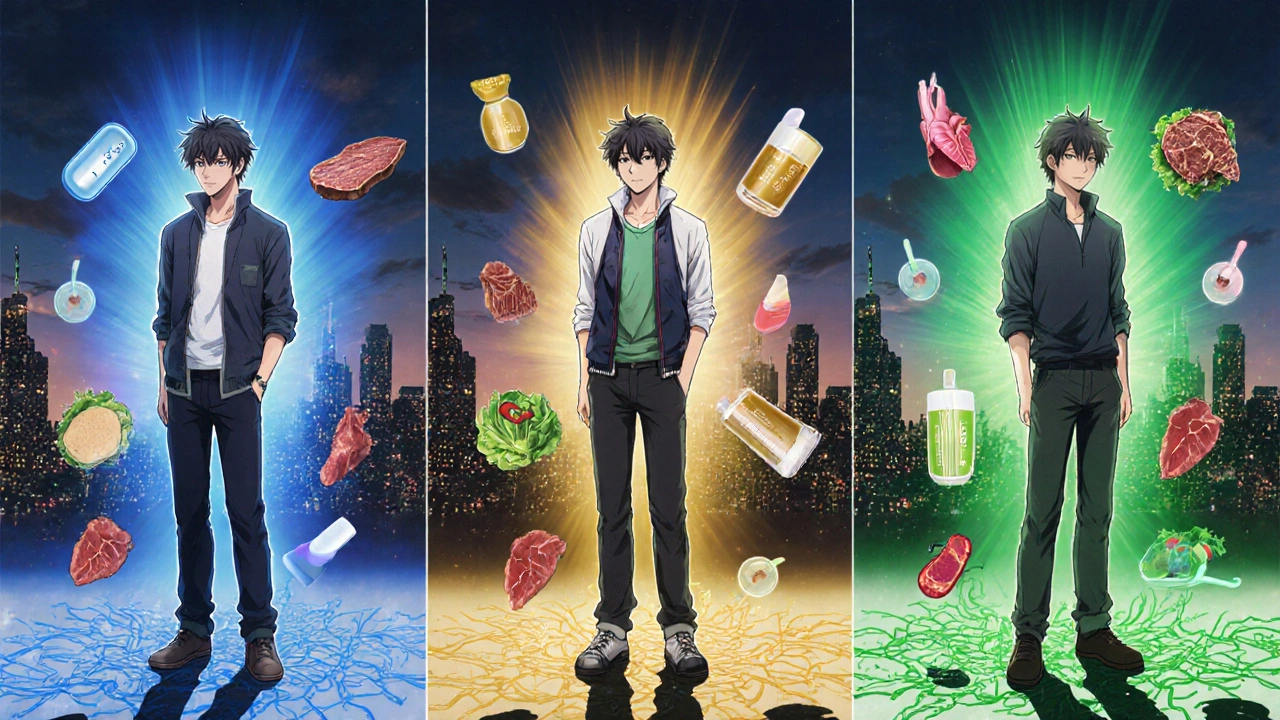 Three men illuminated by colored auras representing different ED pill durations in a cityscape.