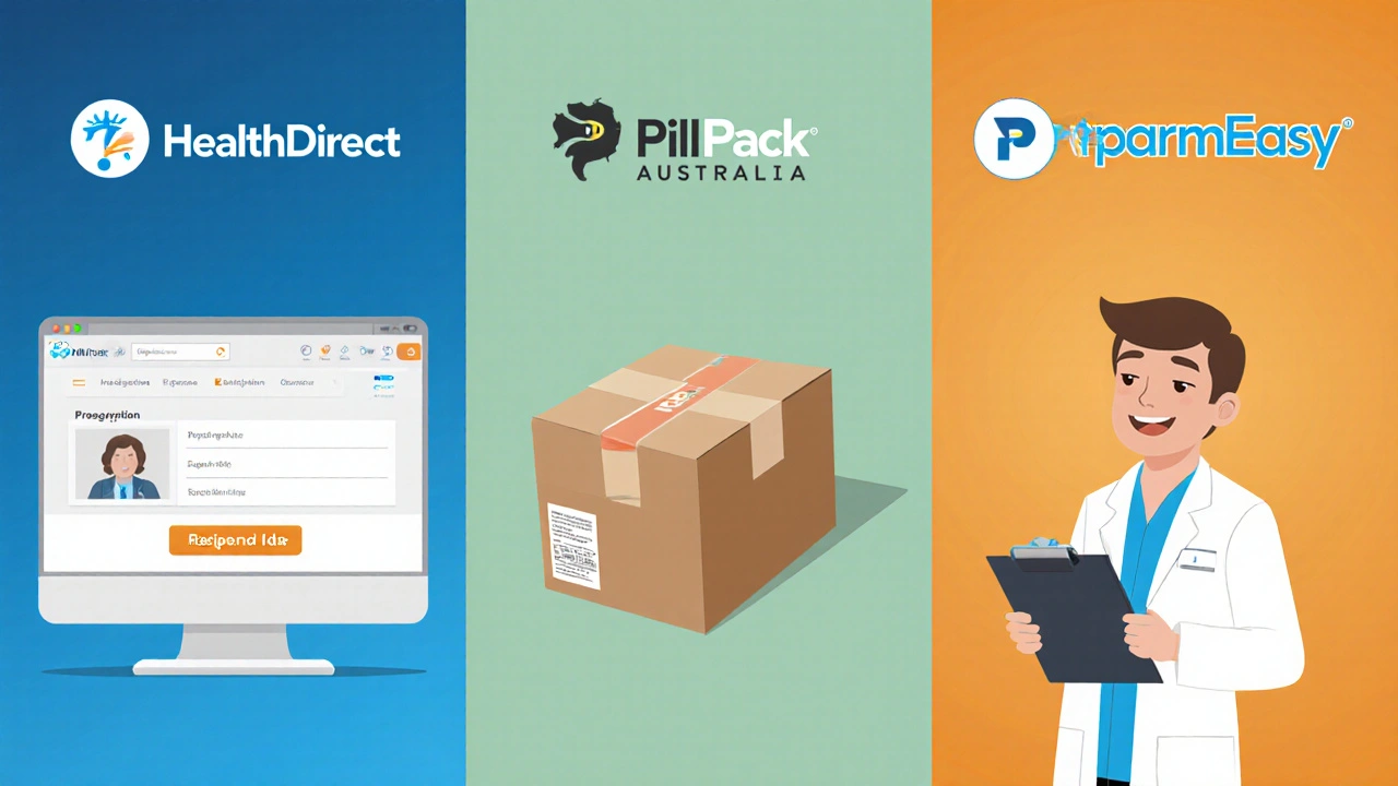Three-panel illustration of trusted Australian online pharmacies with website screenshots and discreet shipping boxes.