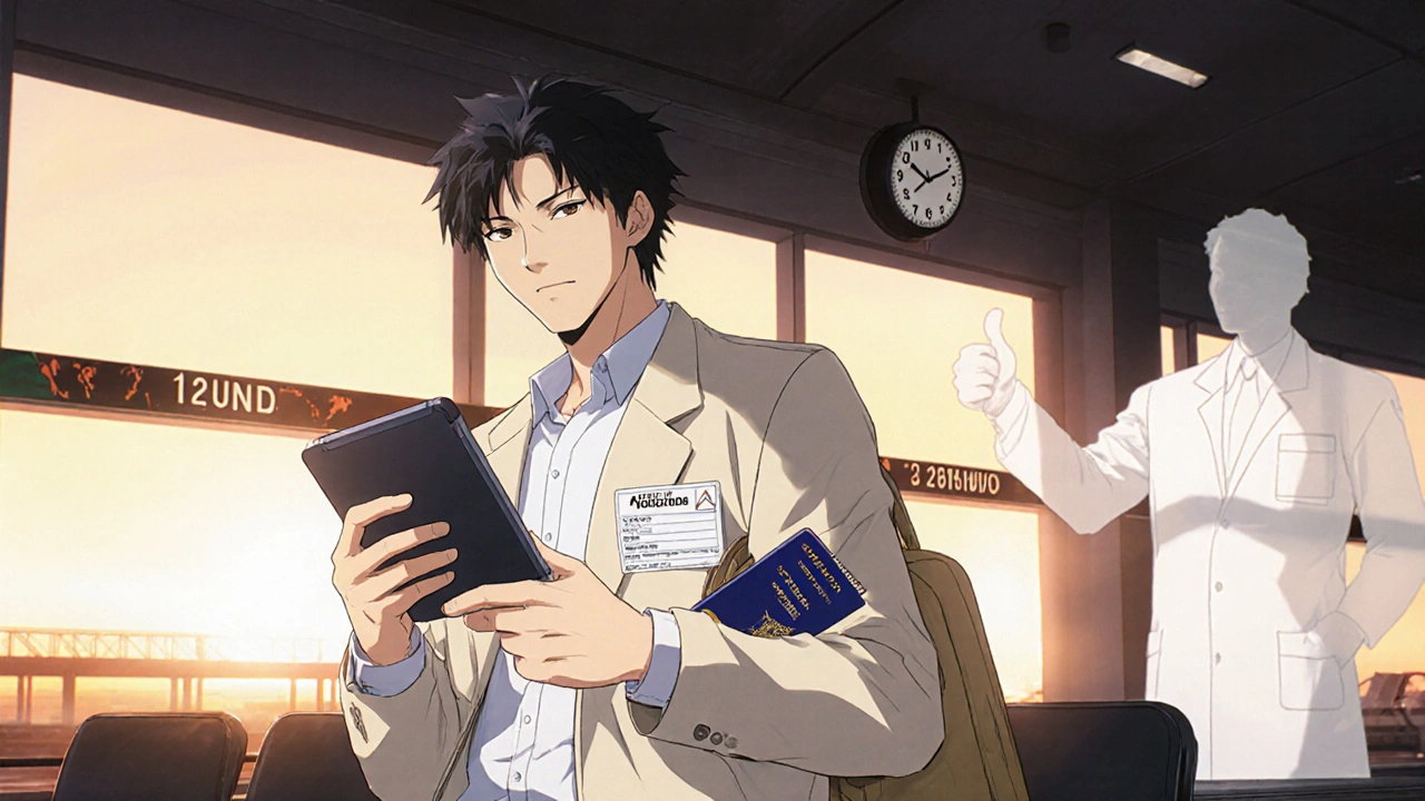 Traveler in airport lounge holding a Forzest pill, with a ghostly doctor offering a thumbs‑up, sunrise light outside.